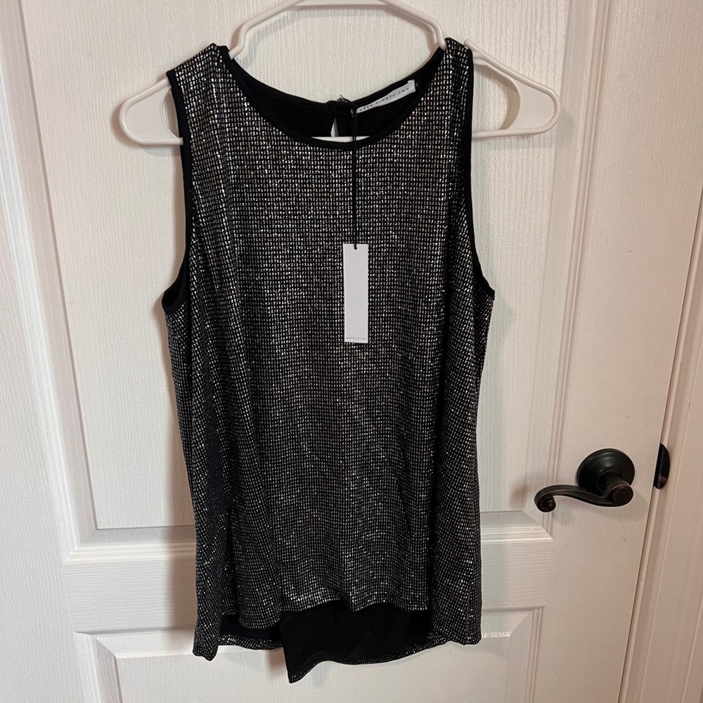 THREE EIGHTY‎ TWO Black Silver Sequin Mesh Sleeveless Tank Top Blouse Top M NWT
